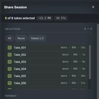 Share Session — select takes, filter by rating, choose format