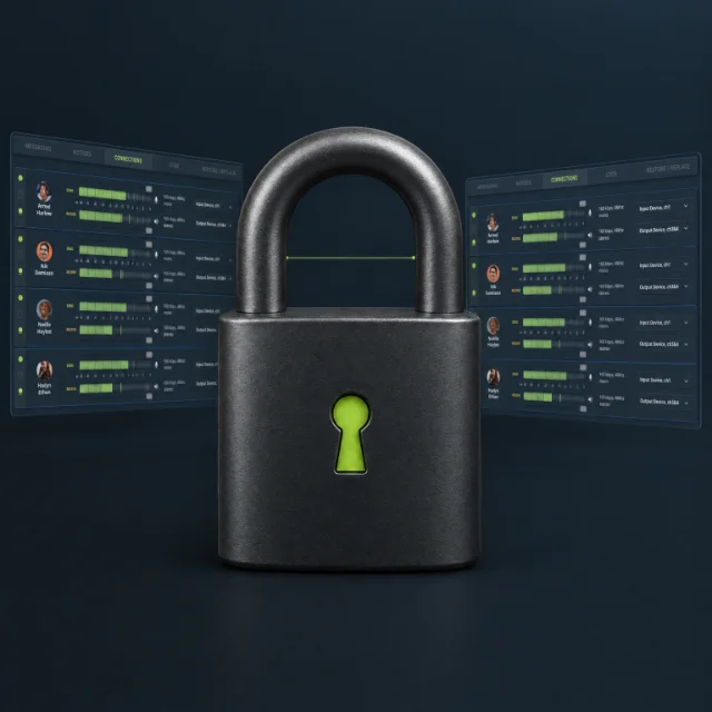 A padlock standing in front of two connected Source-Connect windows: the session passes directly between them, encrypted, and is never stored online