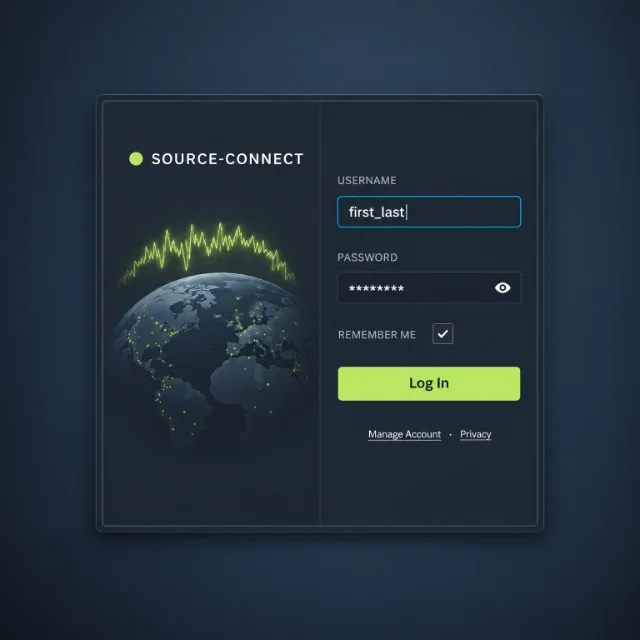 The Source-Connect sign-in panel: a user name and password beside the globe key art — an account is all you need, no iLok and no dongle