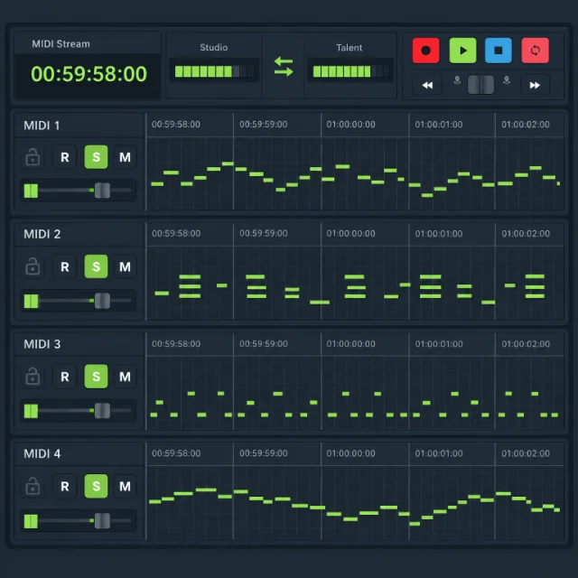 Source-Connect MIDI stream: four lanes of note activity running against timecode, with studio and talent meters flowing both ways