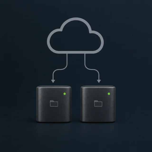 Session audio routed down from the cloud onto two local drives — the recording lands on your own disks rather than being stored online