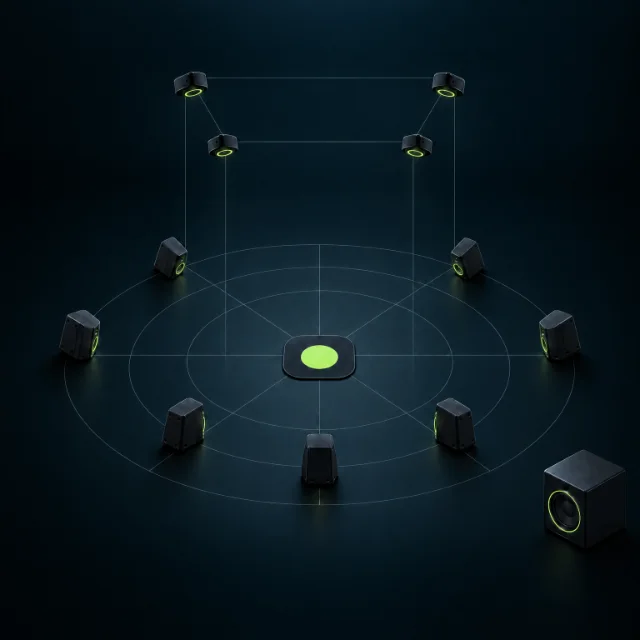 A 7.1.4 immersive monitoring layout: seven ear-level speakers and four ceiling speakers all aimed at the listening position, the subwoofer off to one side