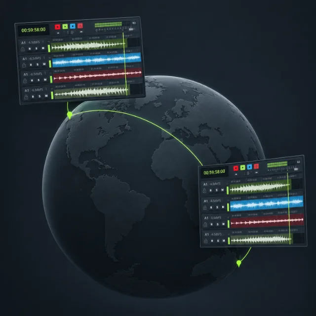 Two studios continents apart, their Source-Connect timelines showing the same timecode and the same waveforms, linked across the globe