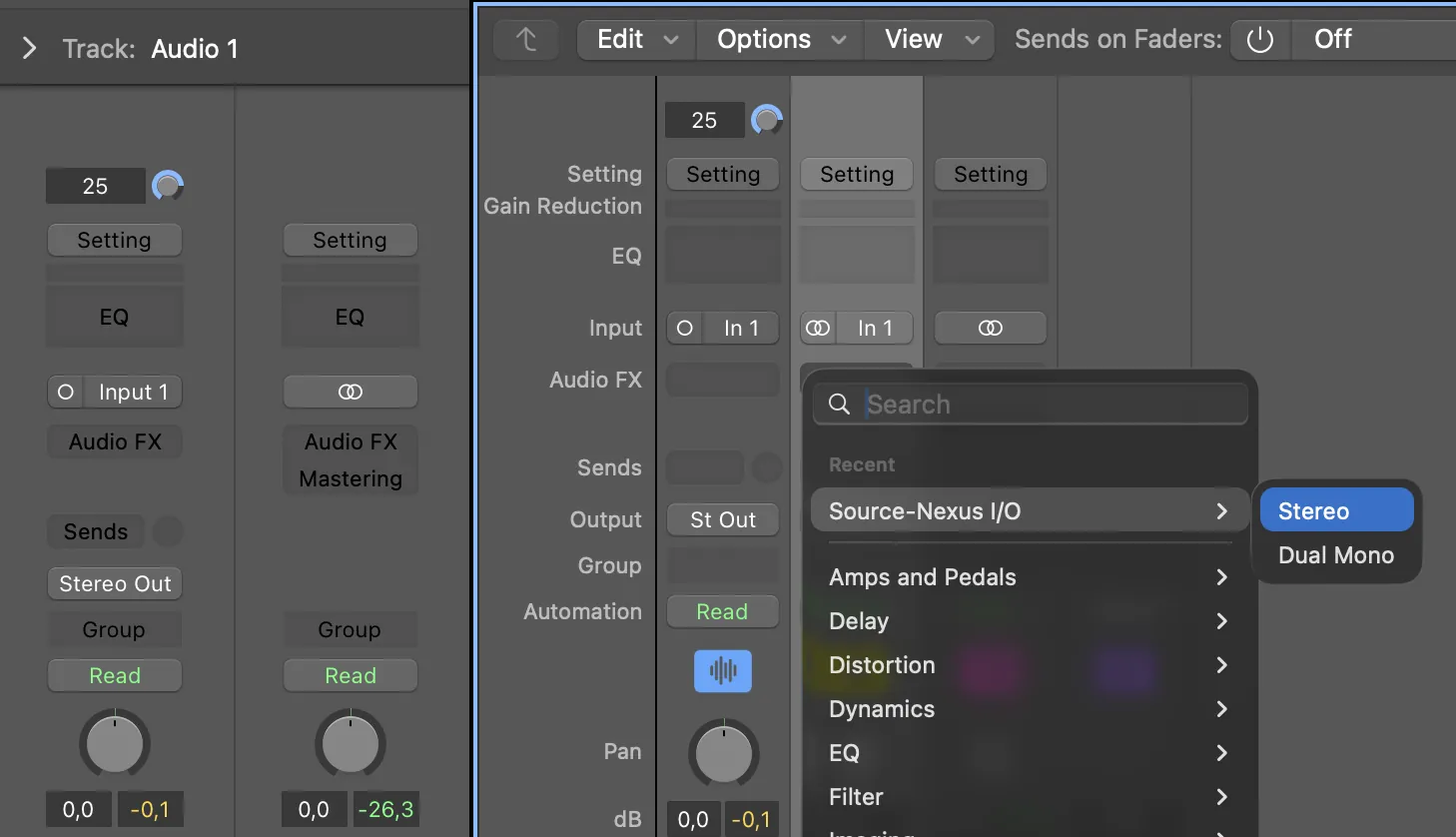Plugin Source-Nexus I/O configurado en Logic Pro