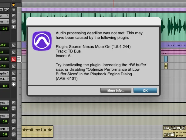 Diálogo de error de ProTools mostrando 'El plazo de procesamiento de audio no se cumplió' con detalles del plugin Source-Nexus Mute-On y código de error AAE -6101