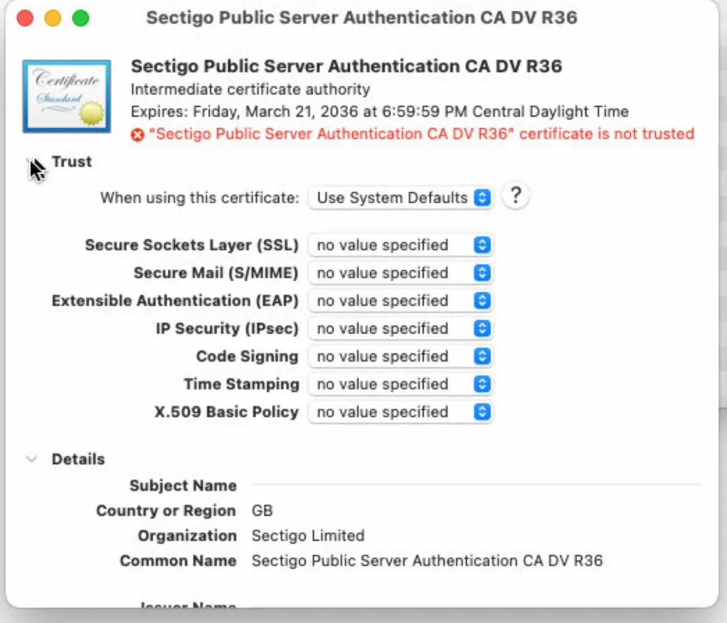 Addcertificate sectigopublicserverauthentication 2