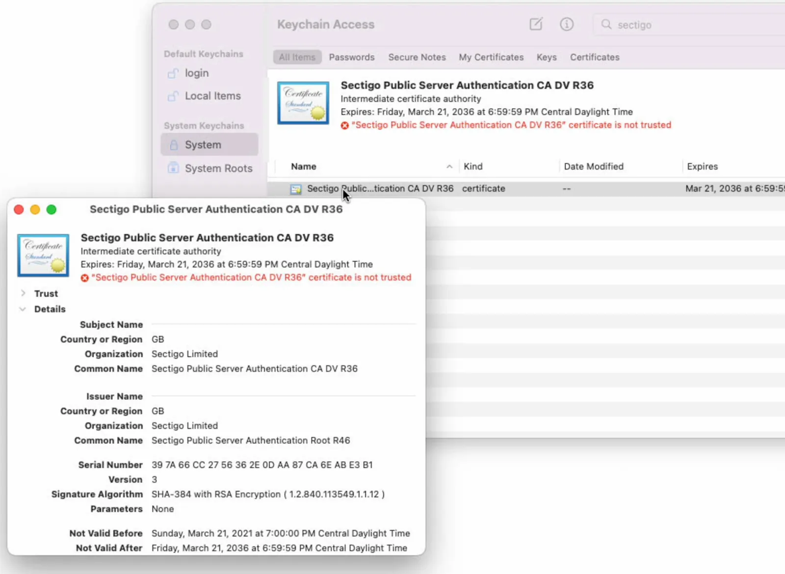 Addcertificate sectigopublicserverauthentication