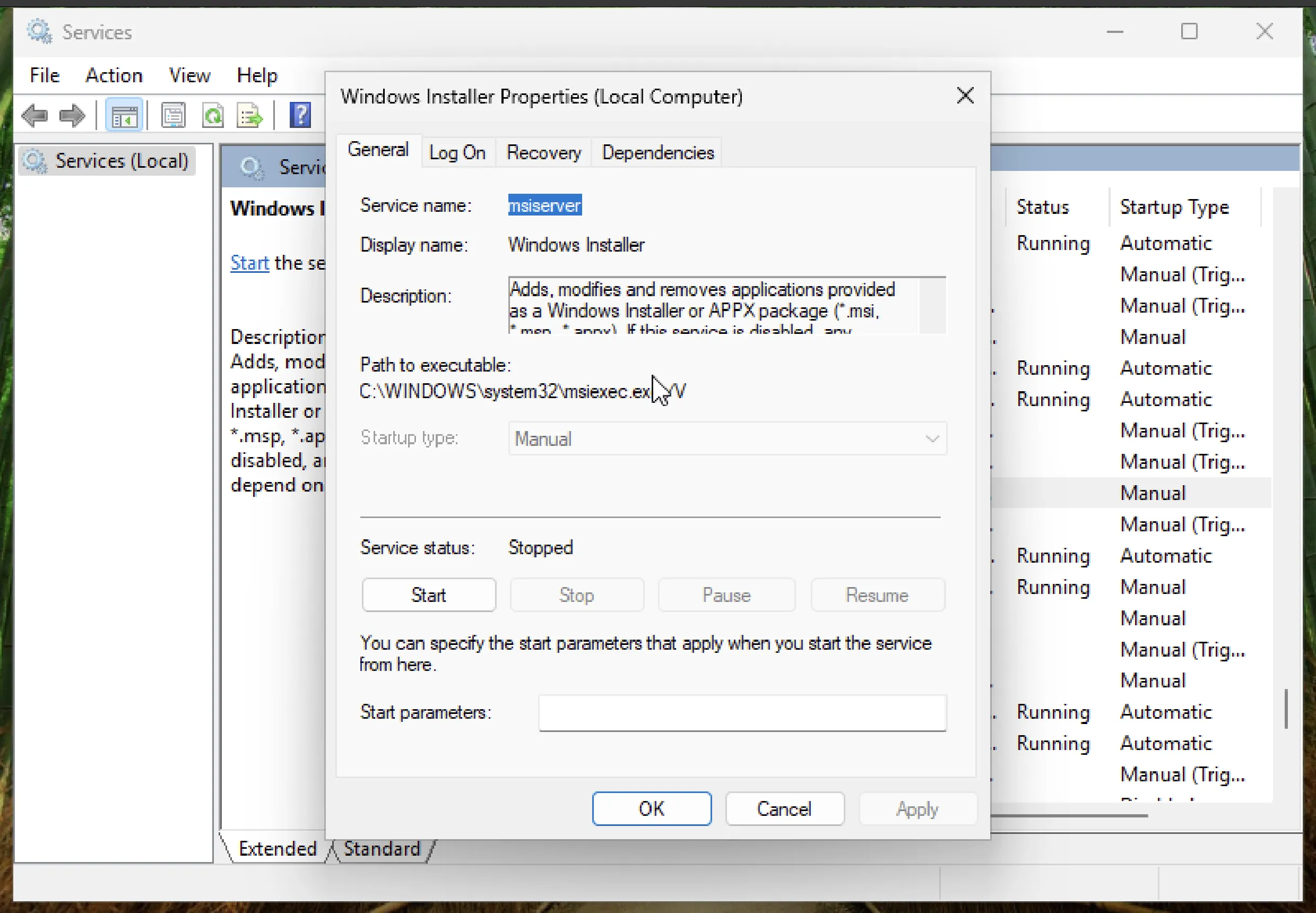 Windowsinstallerpropertiesstartbutton