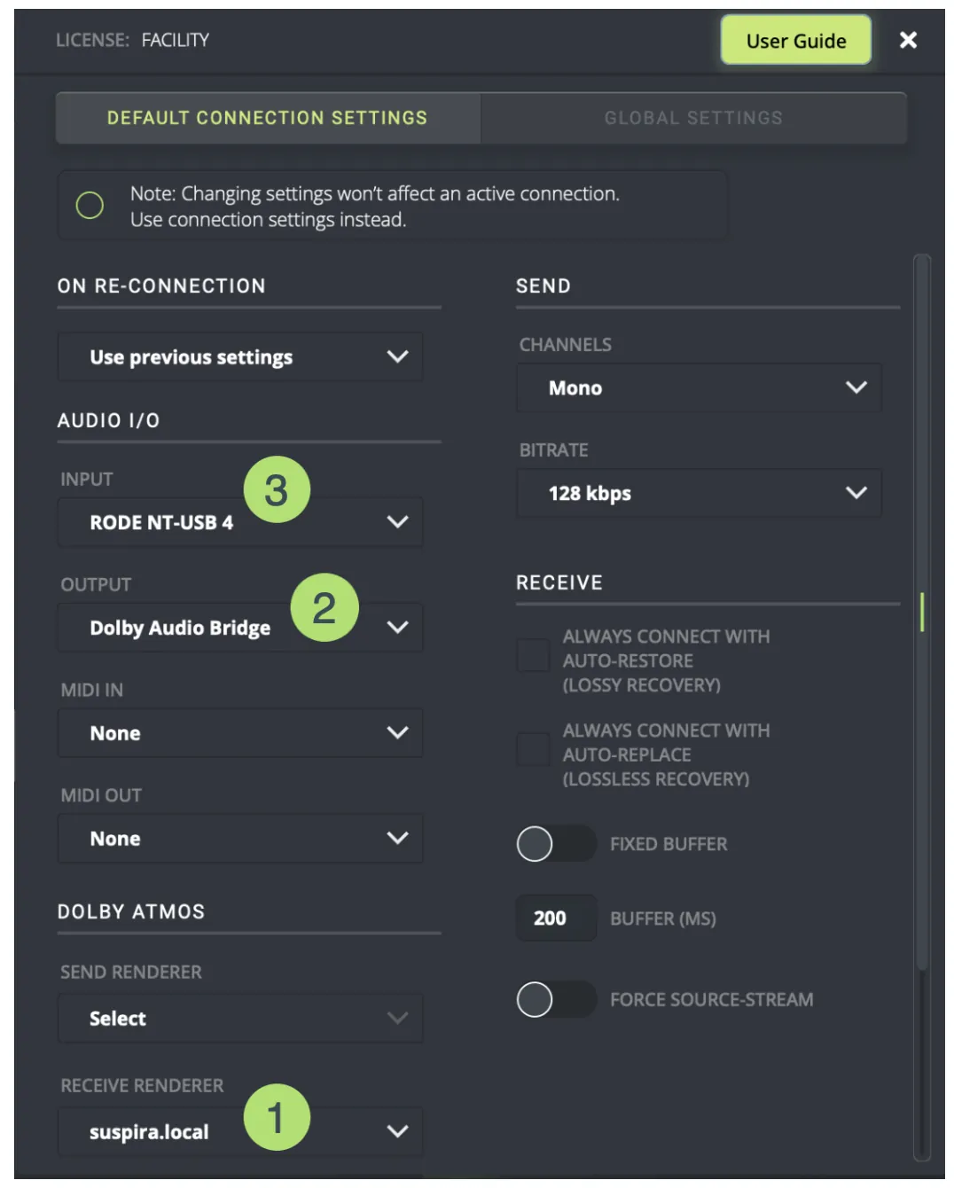 Sourceconnectfacility atmos settings receive