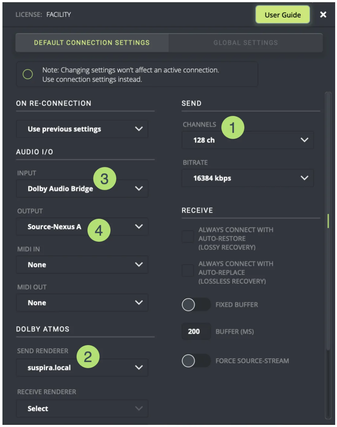 Sourceconnectfacility atmos settings send