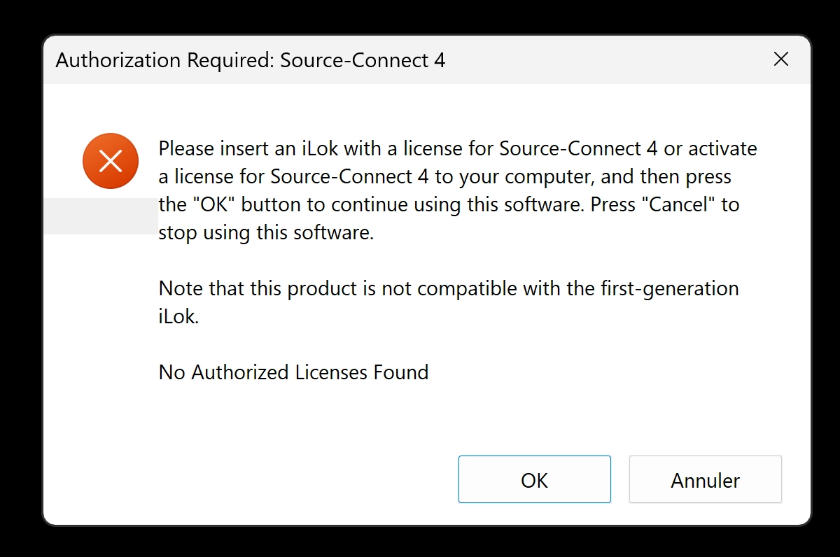 Cuadro de diálogo de autorización necesaria en Source-Connect 4