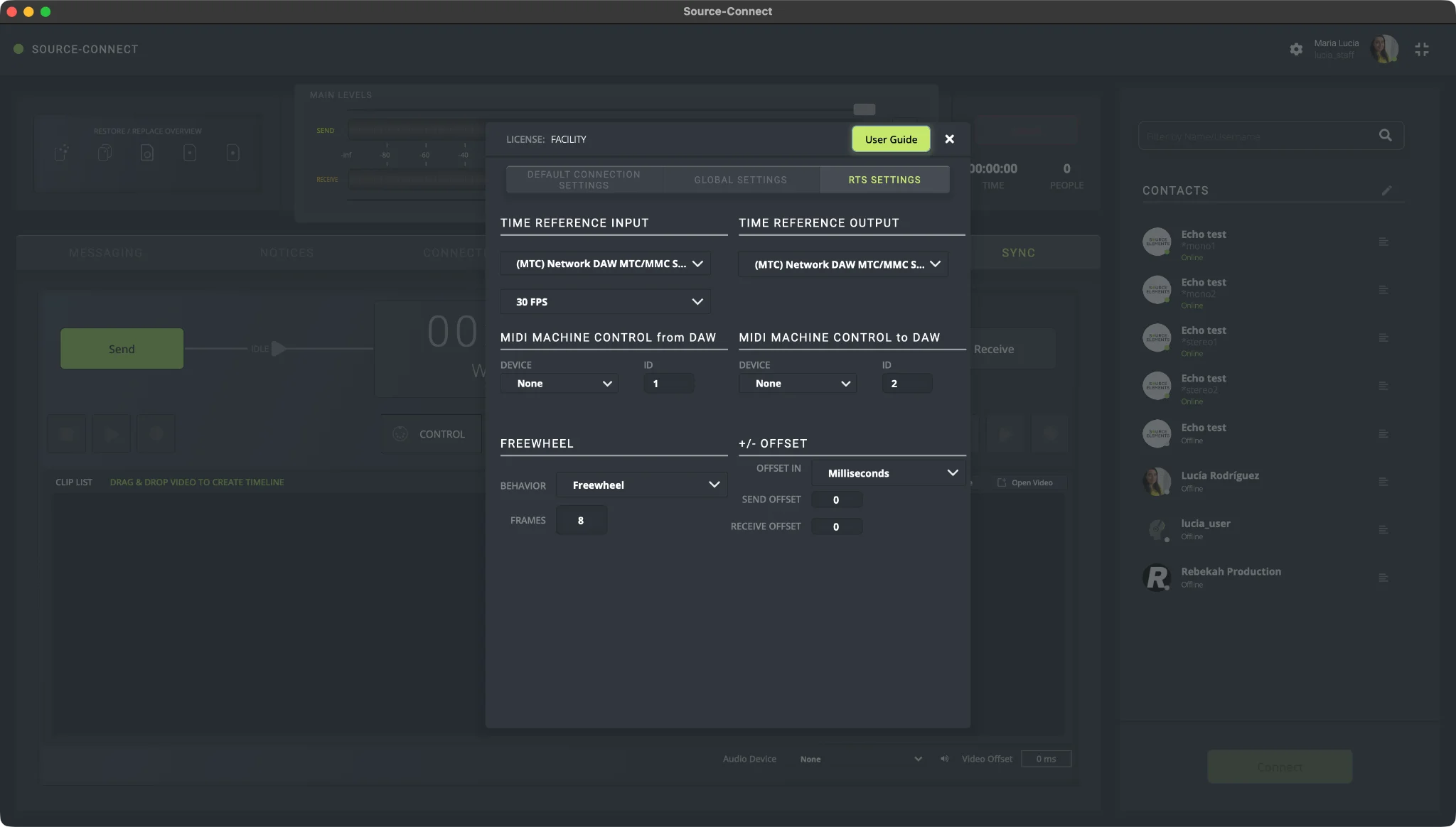 Settings in Source-Connect Studio/Facility