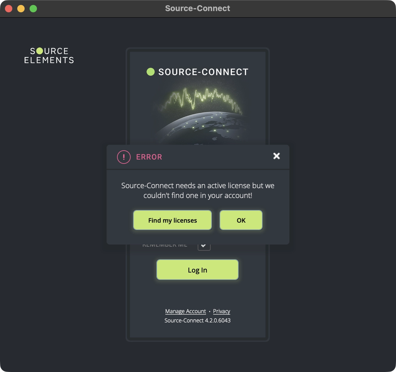 Source-Connect 4 license activation error dialog showing needs active license message
