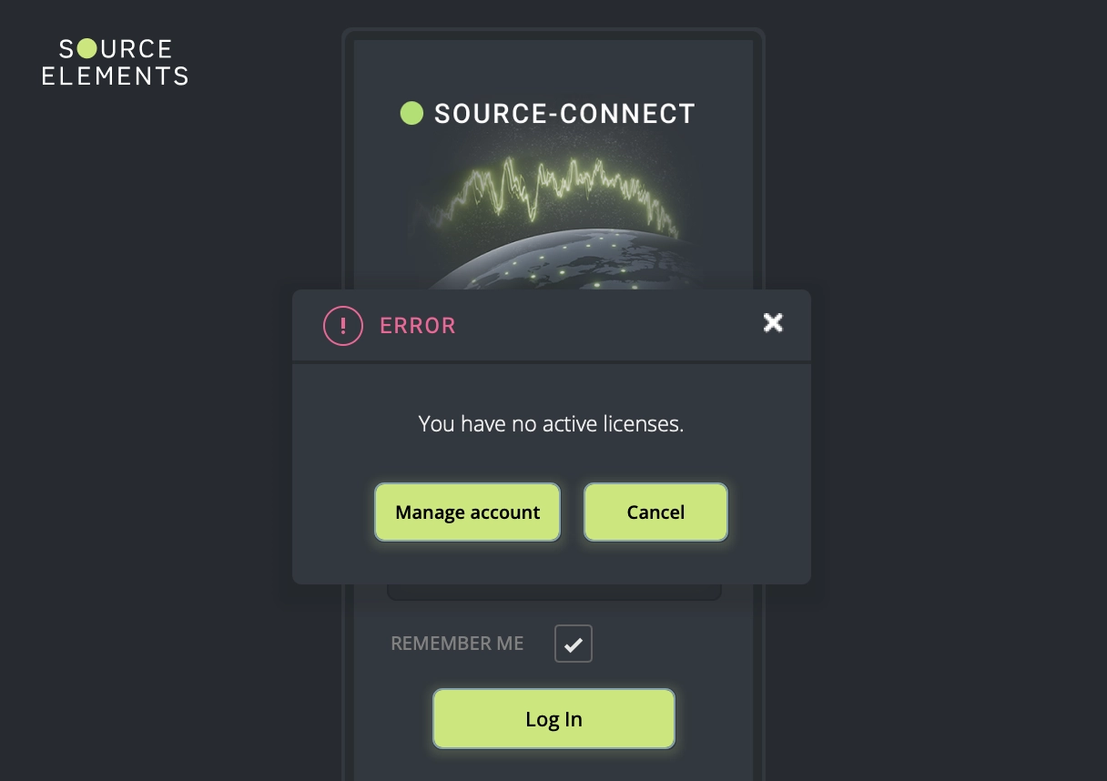 Source-Connect 4 dialog showing the You have no active licenses message