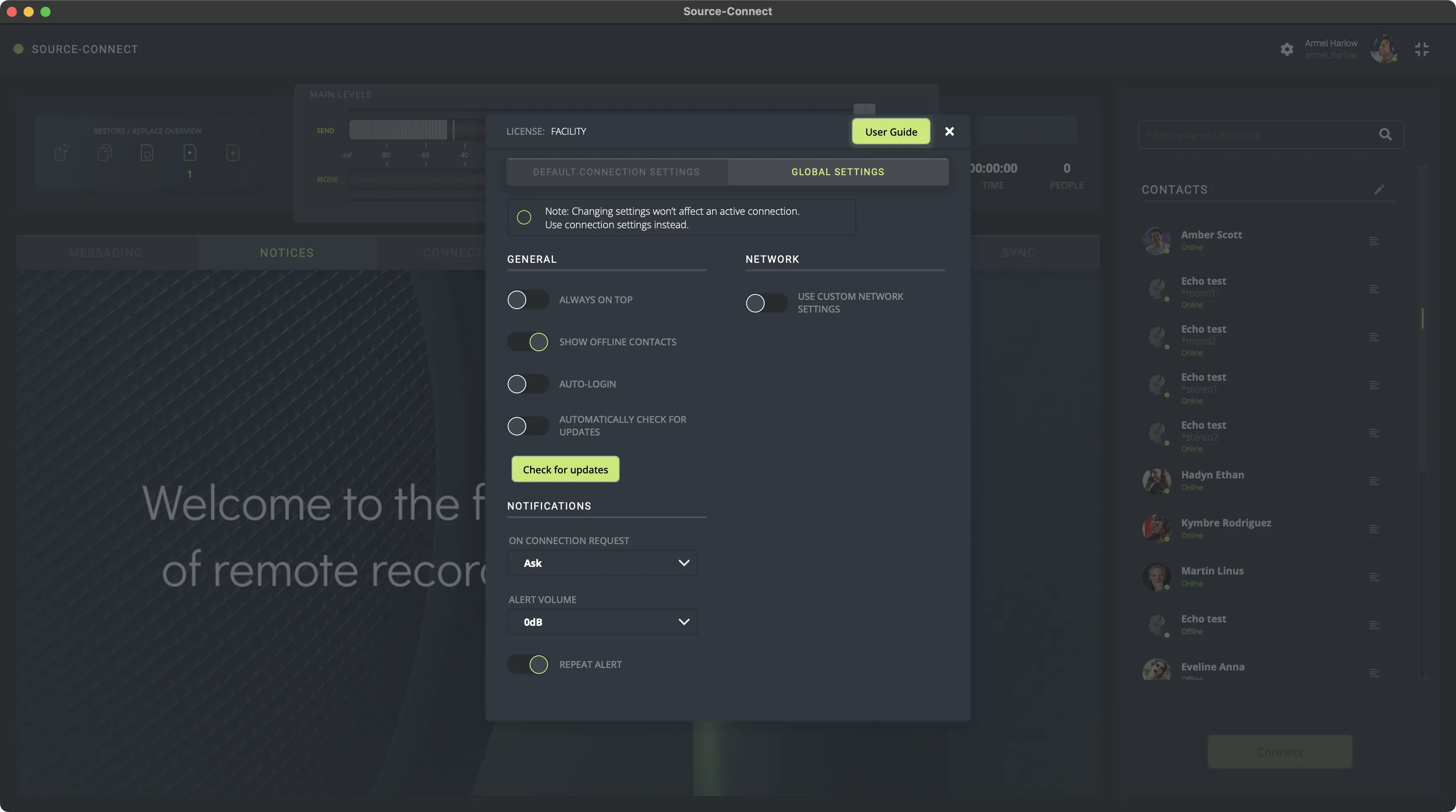 Showing offline contacts in Source-Connect Studio/Facility