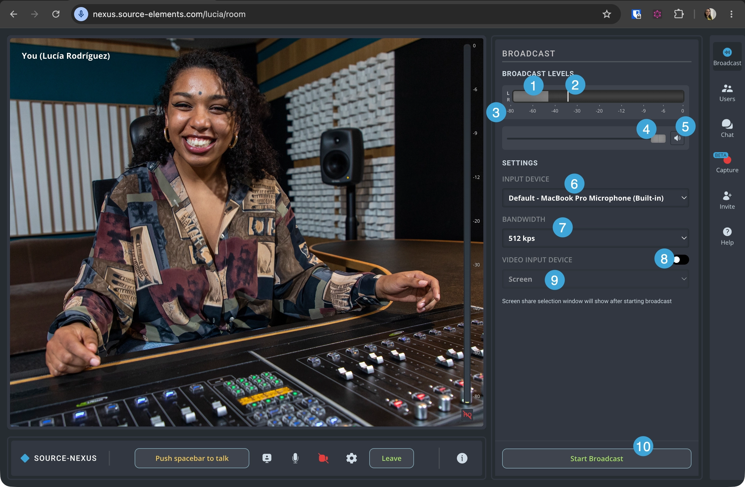 controles del panel Broadcast de Source-Nexus Gateway