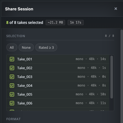 Share Session — select takes, filter by rating, choose format