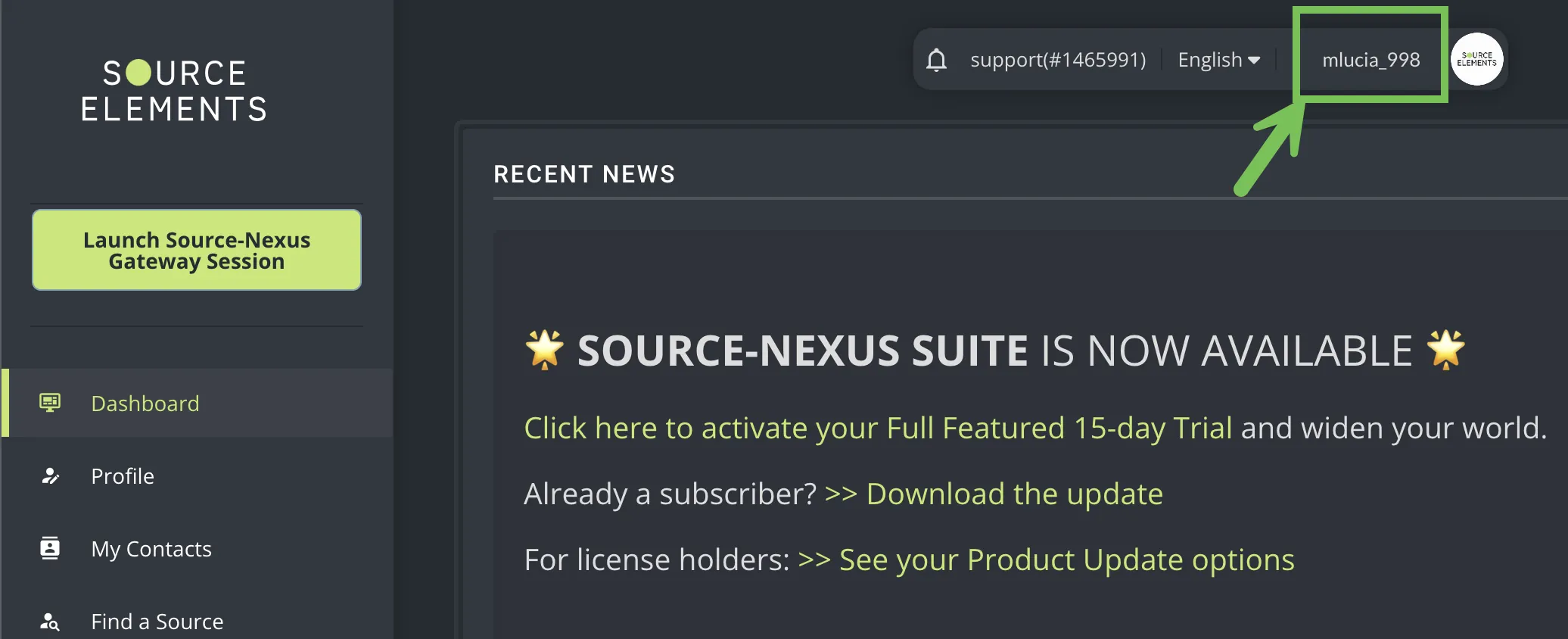 Source Elements account or username